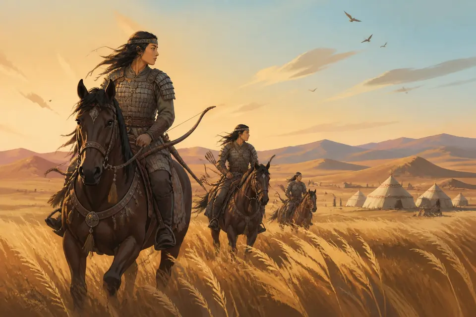 Armored women on horseback with bows crossing a wide grassy steppe at dawn.
