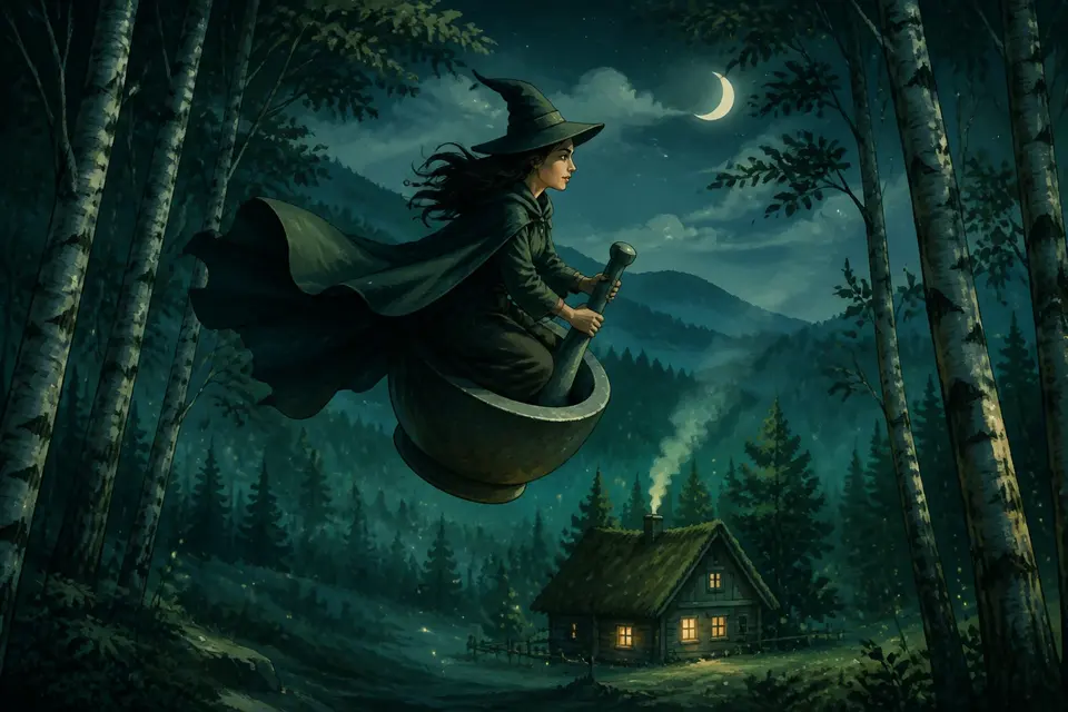 A witch in a mortar above a lit hut in a birch forest at night.