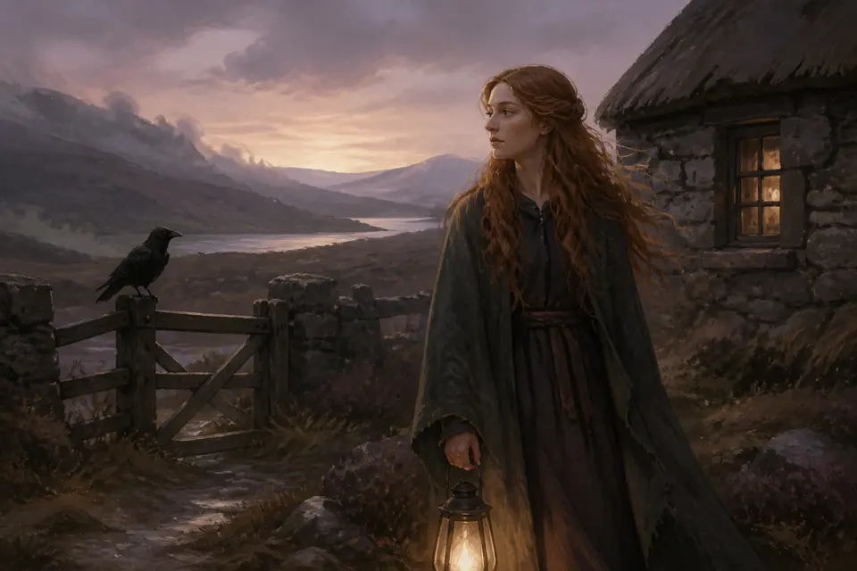A pale woman with long hair on a misty Irish moor at twilight beside an old stone cottage.