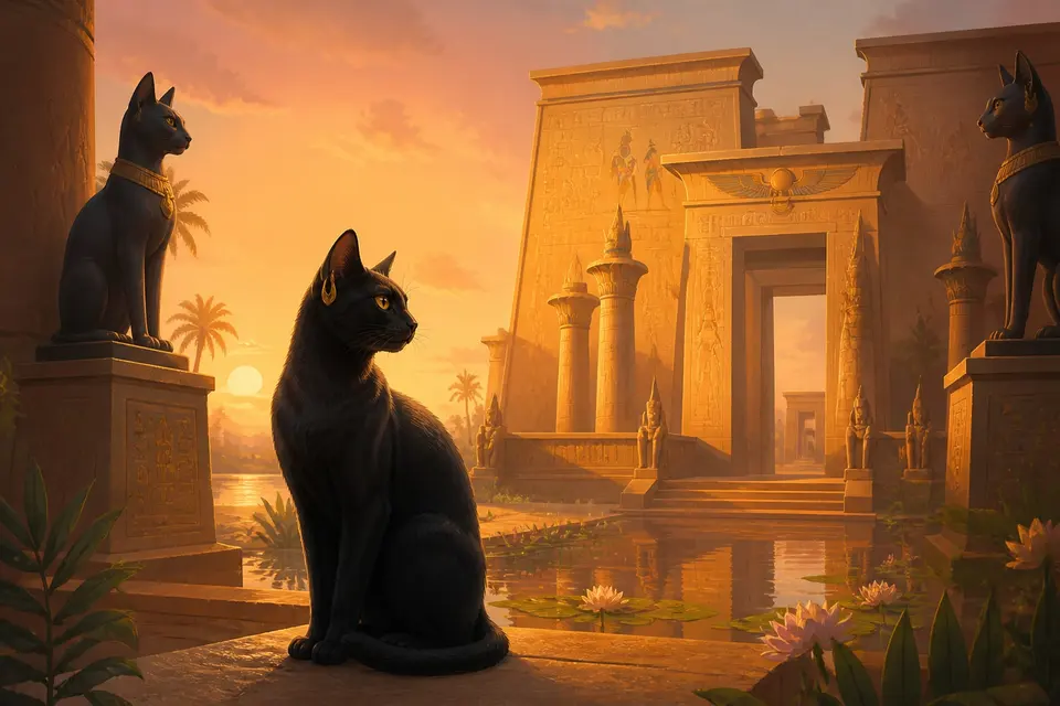 A sleek black cat sitting before a golden Egyptian temple at sunset with cat statues on pedestals.