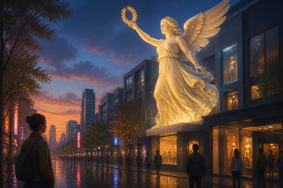 A neon-lit city street at dusk with a giant glowing statue of a winged goddess of victory.
