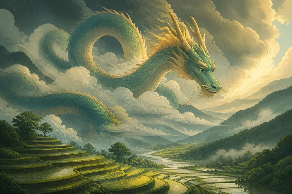 A long Chinese dragon coiling through storm clouds above a mountain valley with rain on rice terraces.