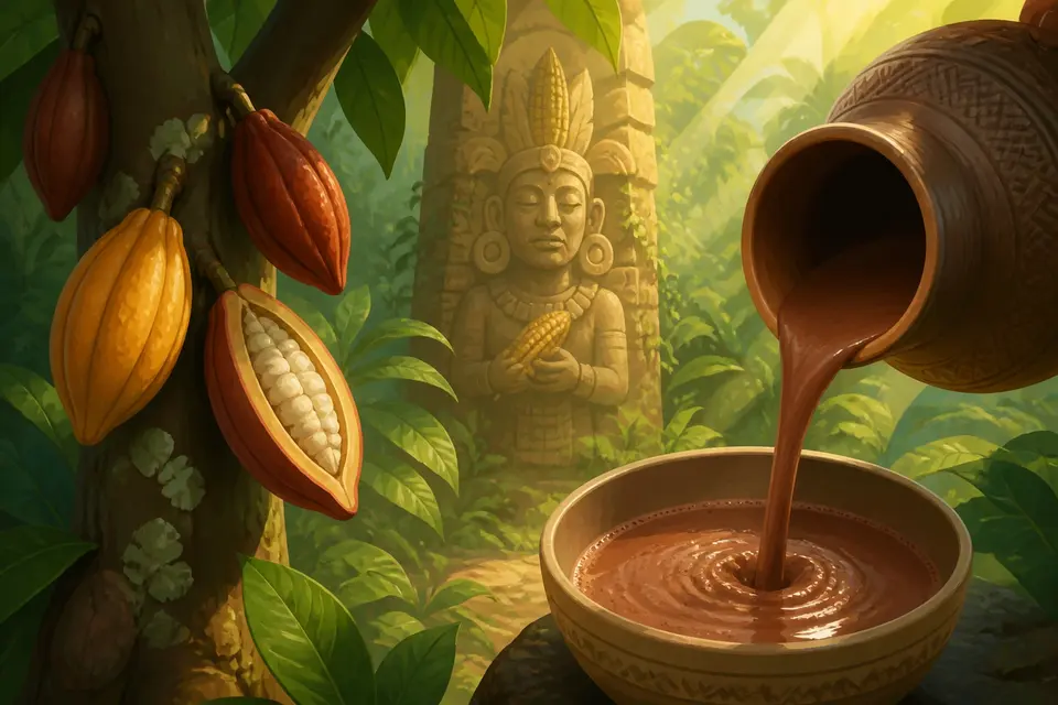 Cacao pods on a tree and a ceramic vessel pouring frothy chocolate beside a maize god carving.