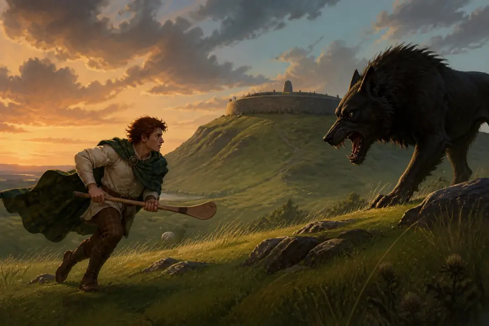 A young Celtic hero with a hurley stick racing toward a huge fierce hound on a green hillside before a hill fort.