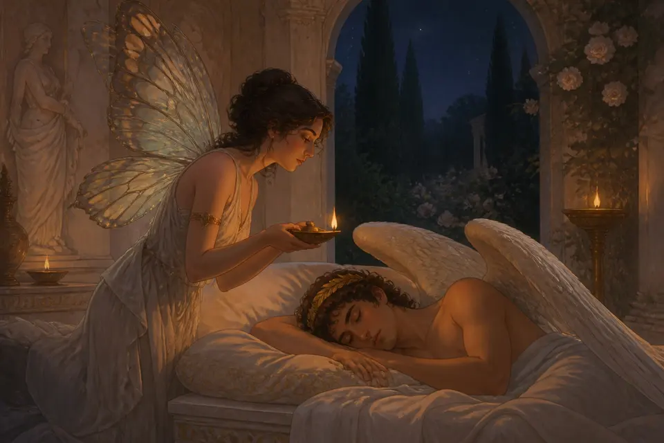 A woman with butterfly wings holding a lamp over a sleeping winged young god in a candlelit chamber.