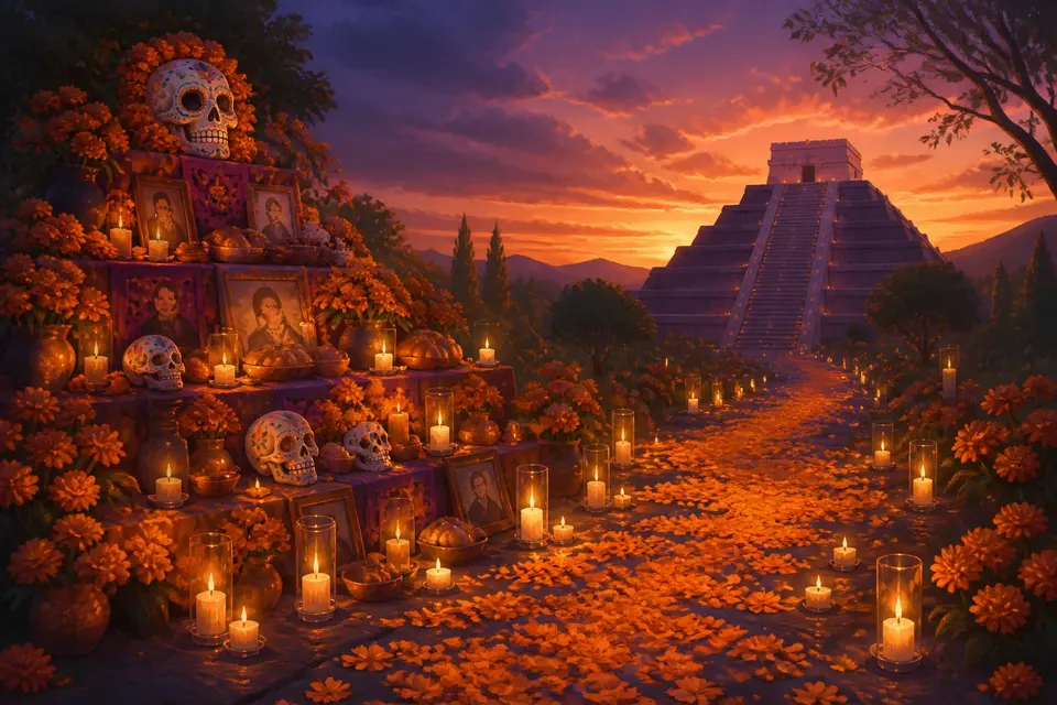 A marigold-covered altar with candles and sugar skulls and a glowing path of petals toward a pyramid.