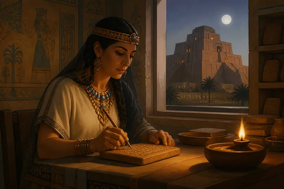 An ancient high priestess at a temple desk pressing a stylus into a clay tablet by lamplight.