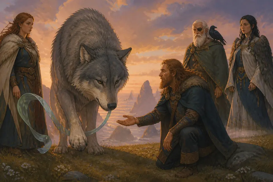 A giant gray wolf calmly testing a thin shimmering ribbon in a misty meadow with a bearded god kneeling beside him.
