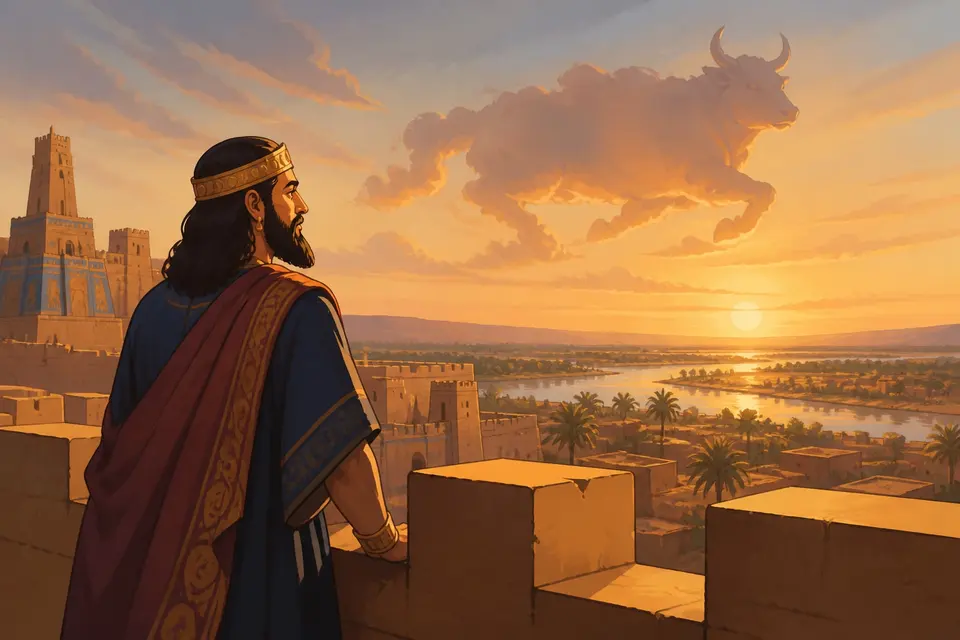 A king on the walls of ancient Uruk at sunset.