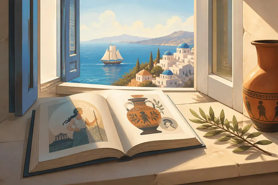 An open paperback on a sunlit windowsill with a Greek island and ship visible outside.