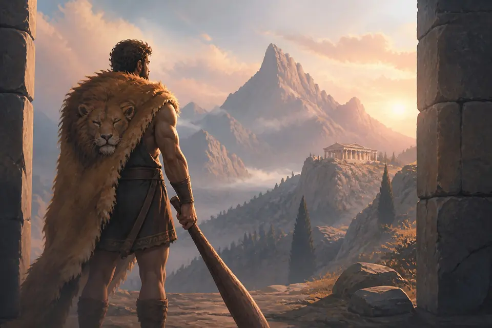 A hero in a lion-skin cloak with a club before a mountain gate at dawn.