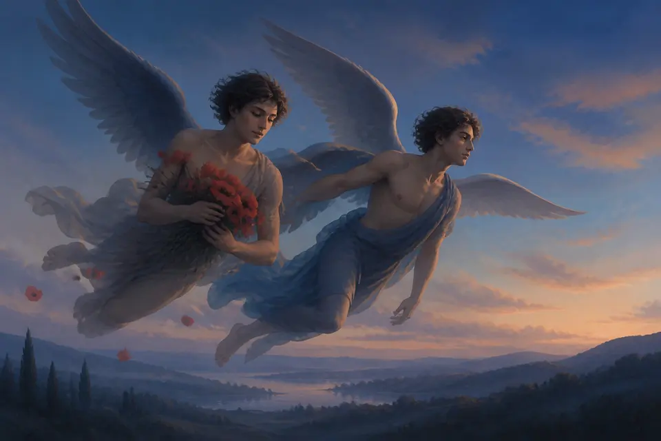 Two winged twin figures drifting through a twilight sky over sleeping hills.