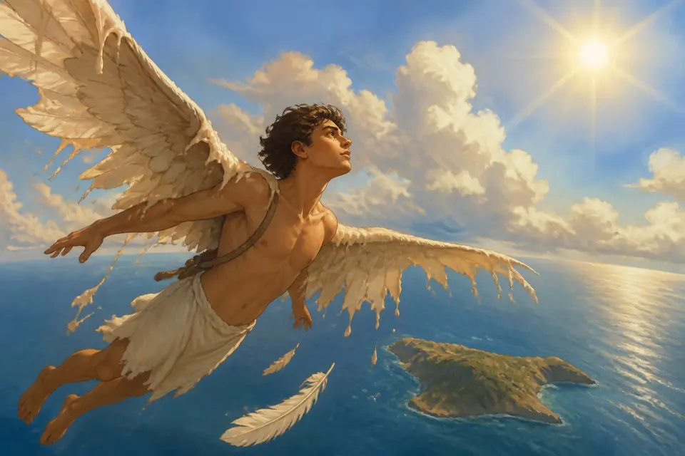 A young man with feathered wings high above a deep blue sea with the sun behind him.