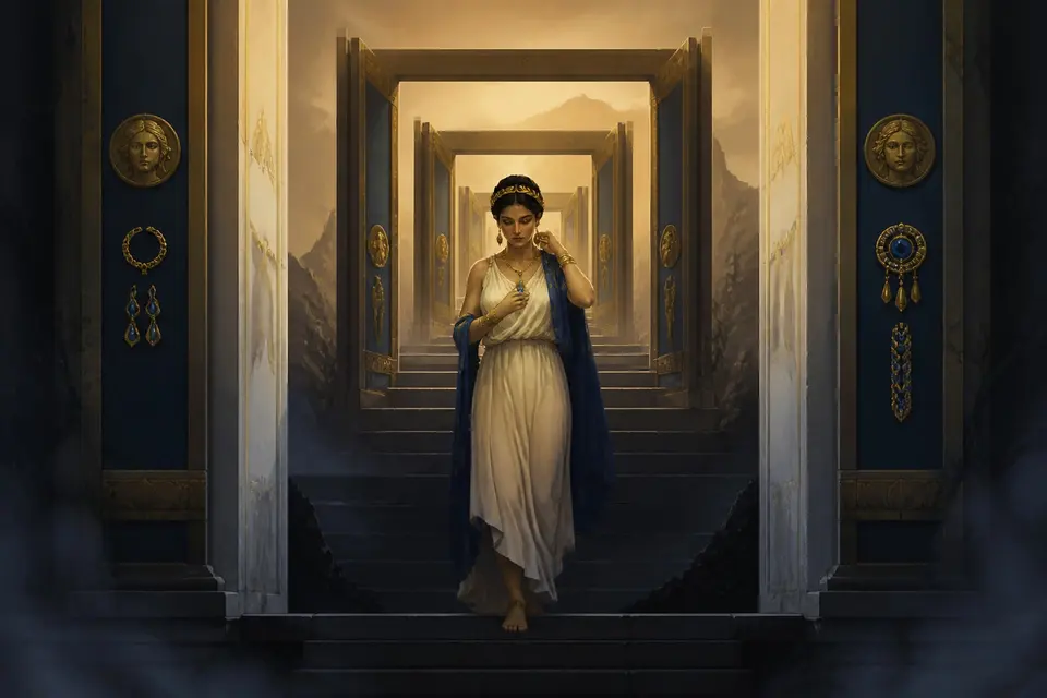 A radiant goddess descending a stairway through great gates into a dim underworld.