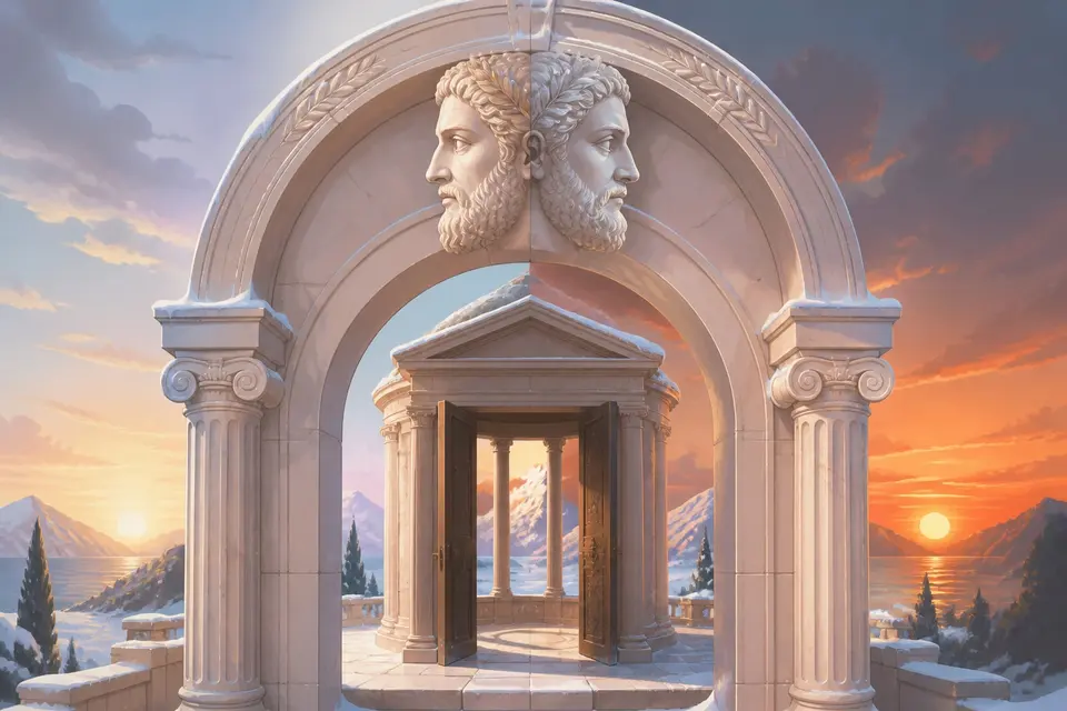 A two-faced god carved on a marble arch with one face at sunrise and one at sunset.