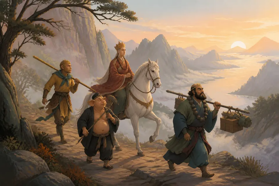 A monk on a white horse with a monkey carrying a golden staff traveling a mountain road toward the west.