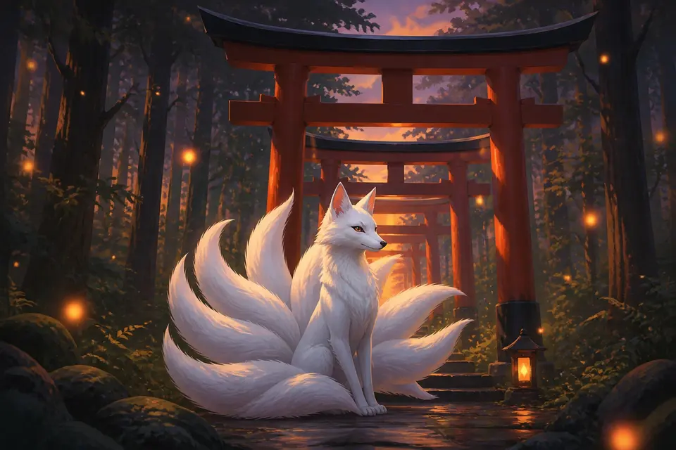 A white fox with nine tails before a row of vermilion torii gates in a forest at twilight.