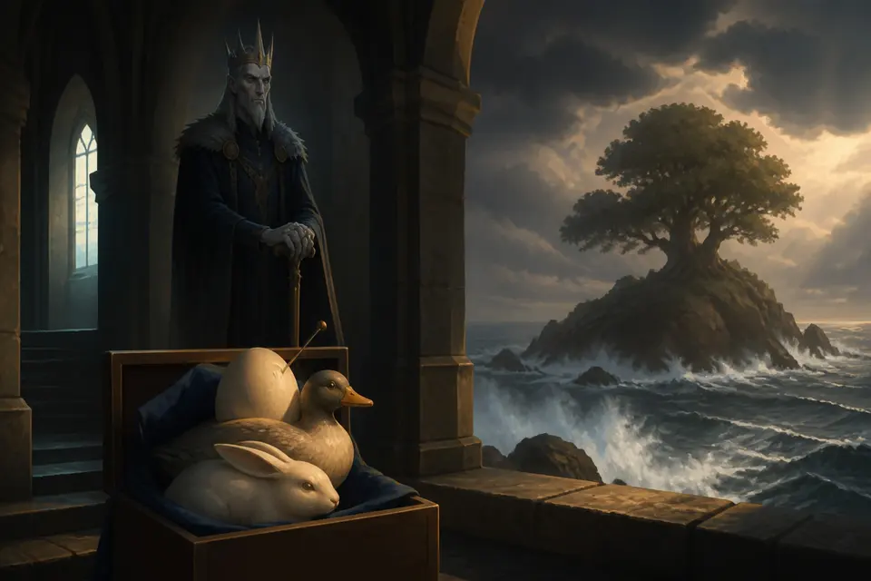 A tall gaunt immortal king in a dark castle with a small box in the foreground.