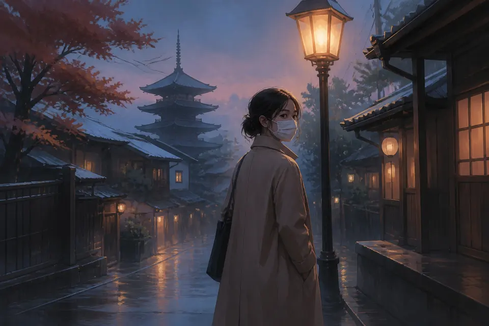 A woman in a long coat and a white surgical mask under a streetlamp on a rainy Japanese street.