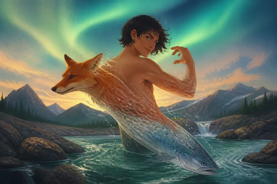 A shape-shifting figure mid-transformation between fox, salmon and human in a Norse river landscape.