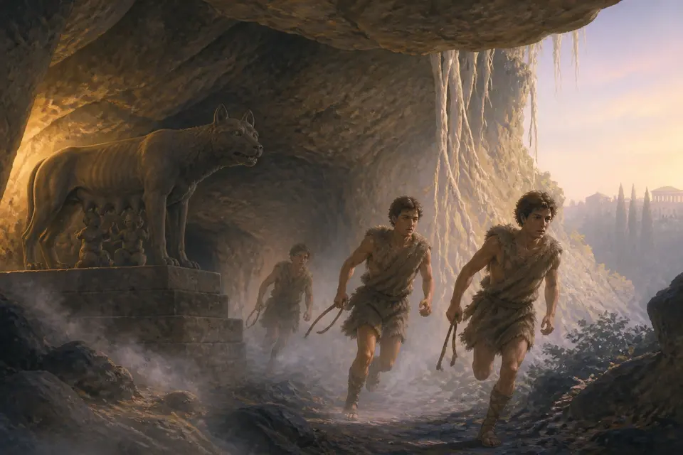 Young men in goatskins running through a misty winter dawn beneath the Palatine hill.