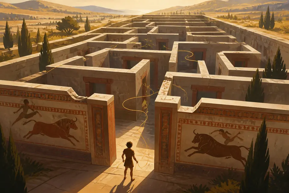 The stone corridors of a labyrinth seen from above with a long golden thread winding through them.