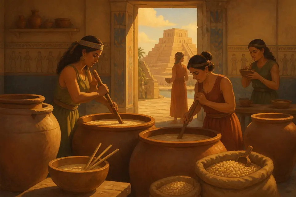 An ancient Sumerian brewery with women stirring large clay vats and reed straws in a bowl of beer.