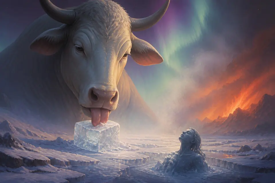 A giant primordial cow licking a block of salty ice in a frozen void while a figure emerges from the ice.