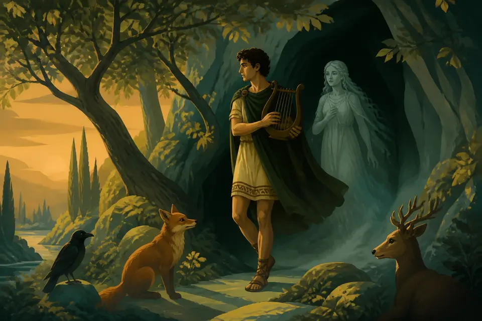 A musician with a lyre at the mouth of a dark cave with a ghostly woman following behind him.