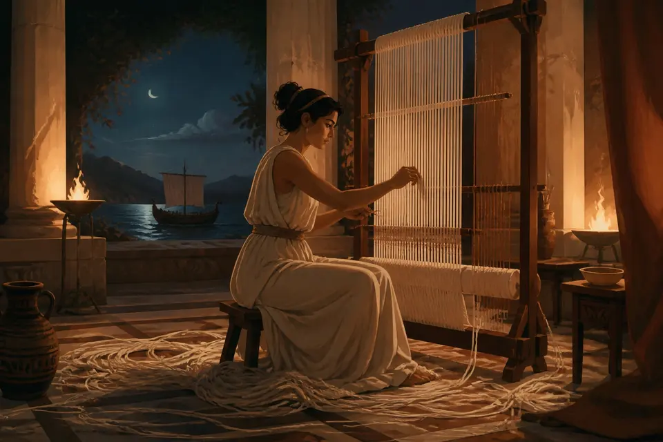 A woman at a great upright loom in a torch-lit Greek hall at night, unraveling threads on the floor.