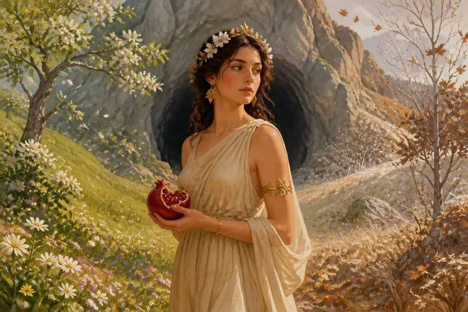 A young goddess holding a pomegranate between a spring meadow and an autumn landscape.