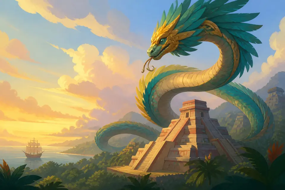 A great feathered serpent coiling above a stepped pyramid with a ship on the distant coast.