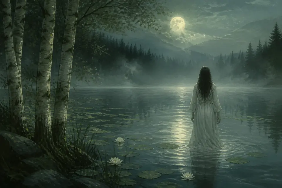 A pale water spirit with long green-tinted hair rising from a moonlit forest lake among water lilies.