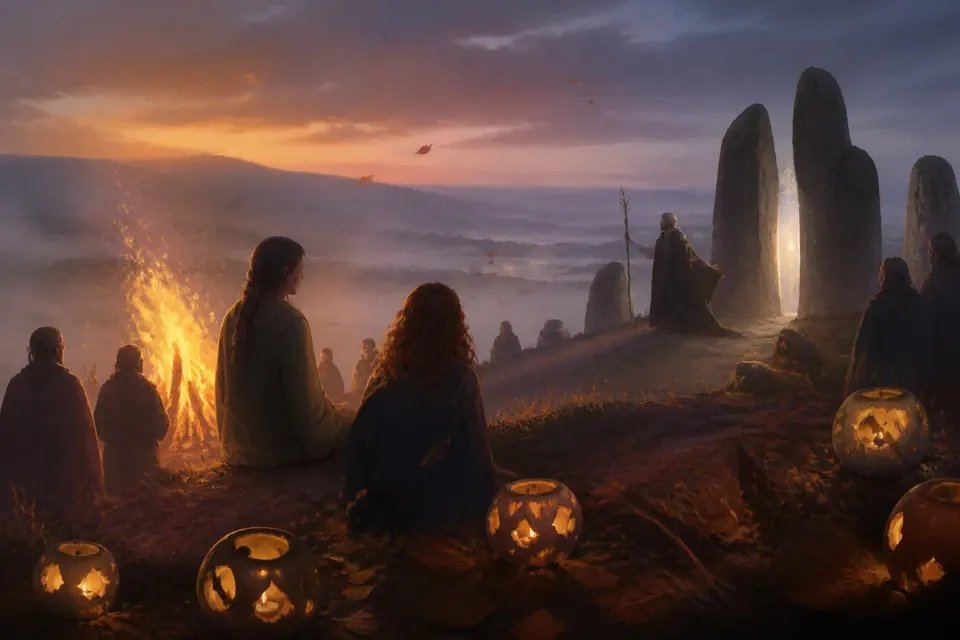 A misty Irish hillside at dusk with a huge bonfire and a shimmering doorway between standing stones.