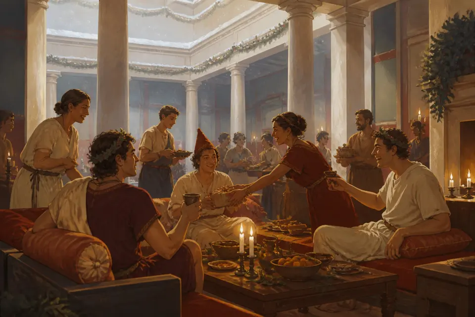 A Roman winter banquet where servants and masters swap places at the table with candles and gifts.