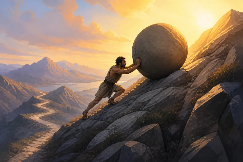 A man pushing a huge round stone up a steep rocky mountain at dawn.