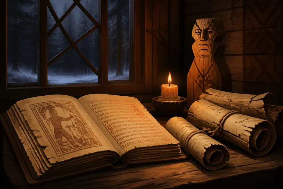 An old manuscript and birch bark scrolls on a wooden table with a carved idol silhouette and a candle.