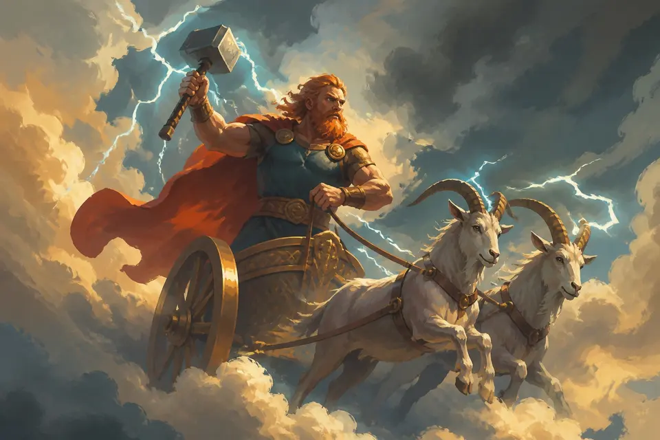 A red-bearded thunder god on a chariot pulled by two goats across a stormy sky.