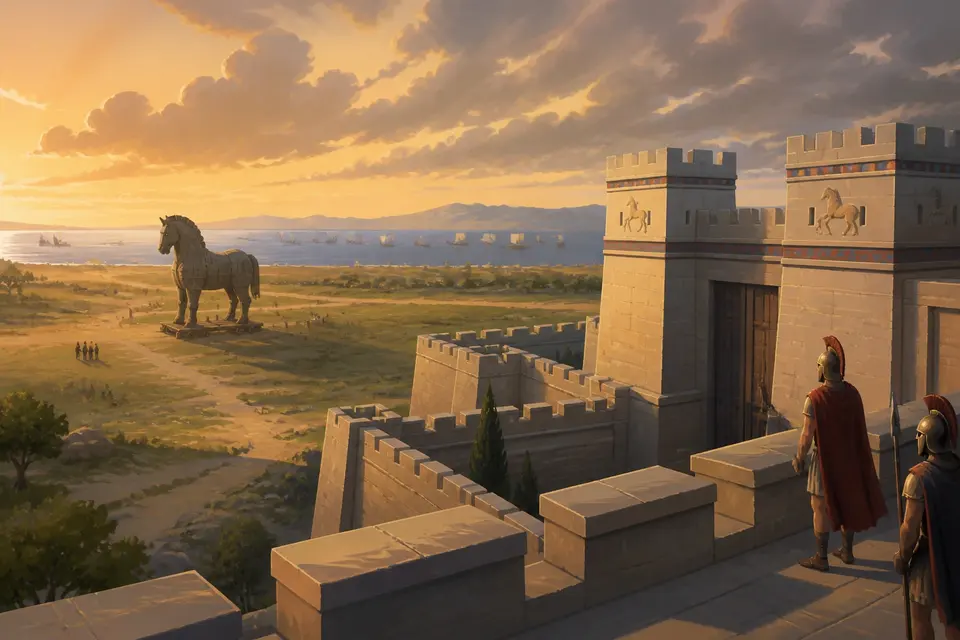 The walls and gate of Troy at dawn with a huge wooden horse silhouette on the plain.
