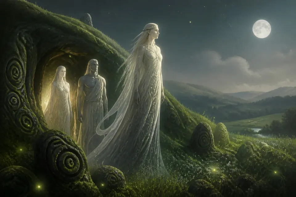 Tall glowing otherworldly people emerging from a green hollow hill into a moonlit meadow.