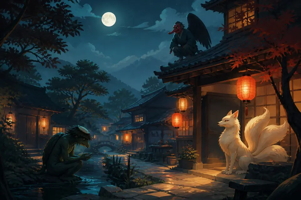A moonlit lane with lanterns and gentle yokai silhouettes.