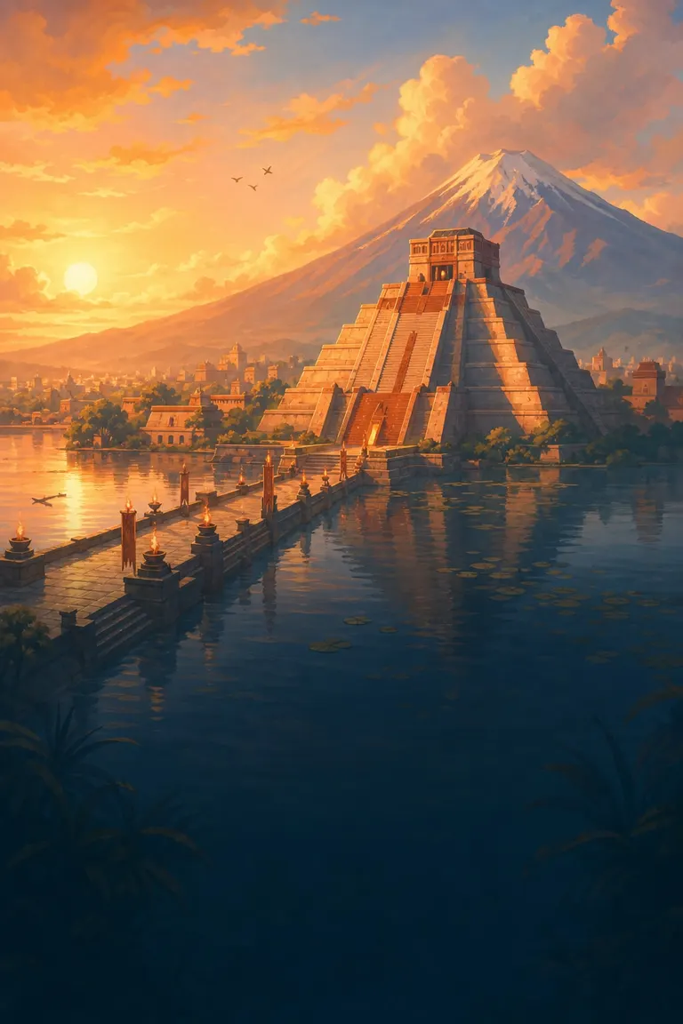 A stepped pyramid rising from a lake at sunrise.