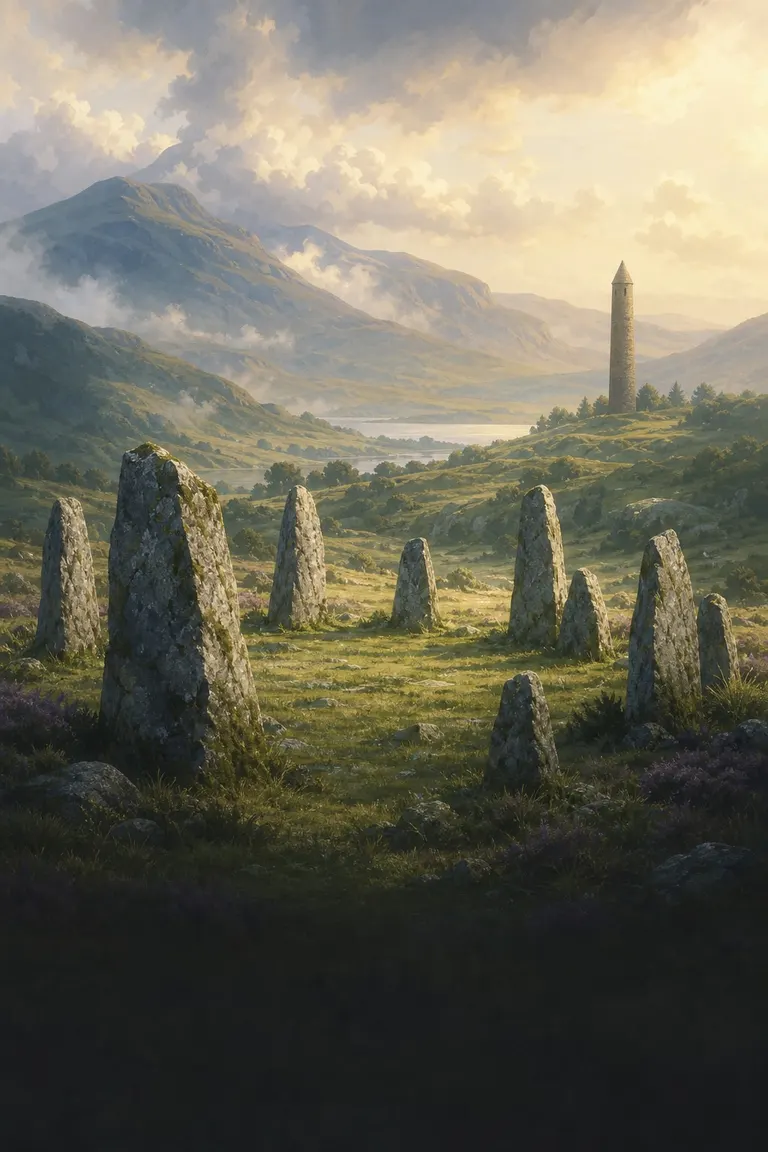 Standing stones in misty green highlands.