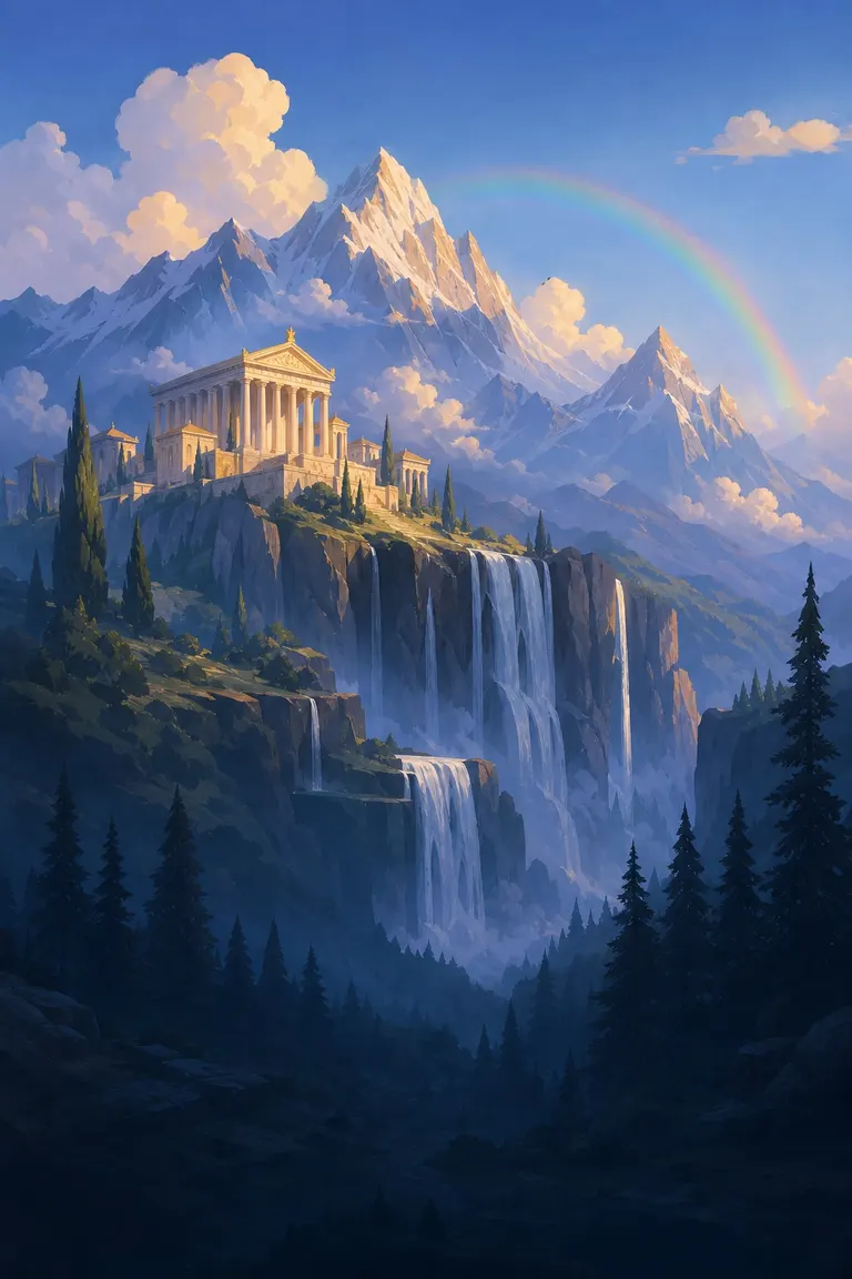 A golden-roofed hall beside a waterfall under snowy mountains.