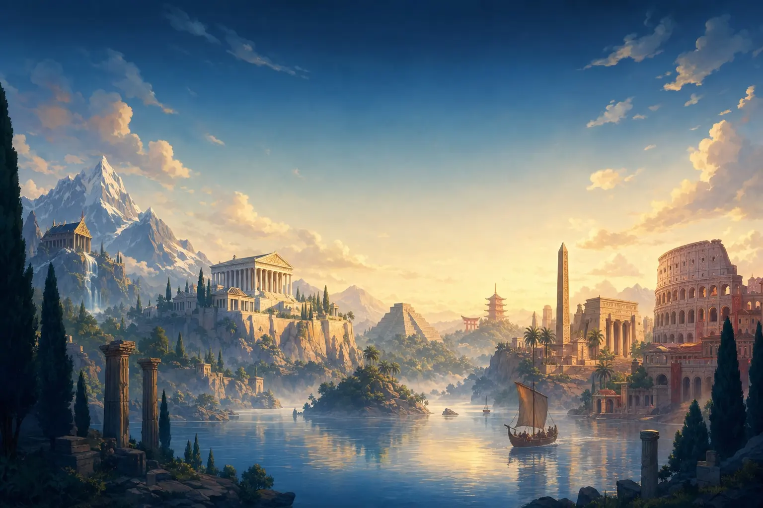 A mythological world seen across a calm lake at dawn: a Greek temple, a Norse mountain hall, an Egyptian obelisk, a Maya pyramid, a Japanese gate and the Roman Colosseum.